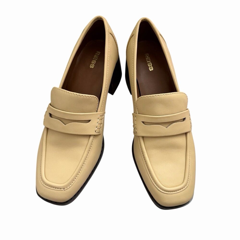 Reiss Heidi Penny Loafers Womens 7.5 Off White Leather Block Heels Square Toe 38